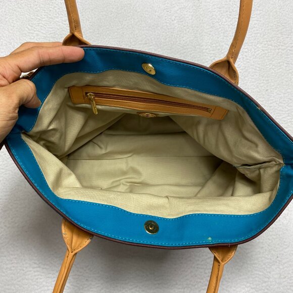 Tory Burch Jaden Bag Coconut Blue Brown Canvas Leather Shopping Tote Purse Women - Picture 12 of 12